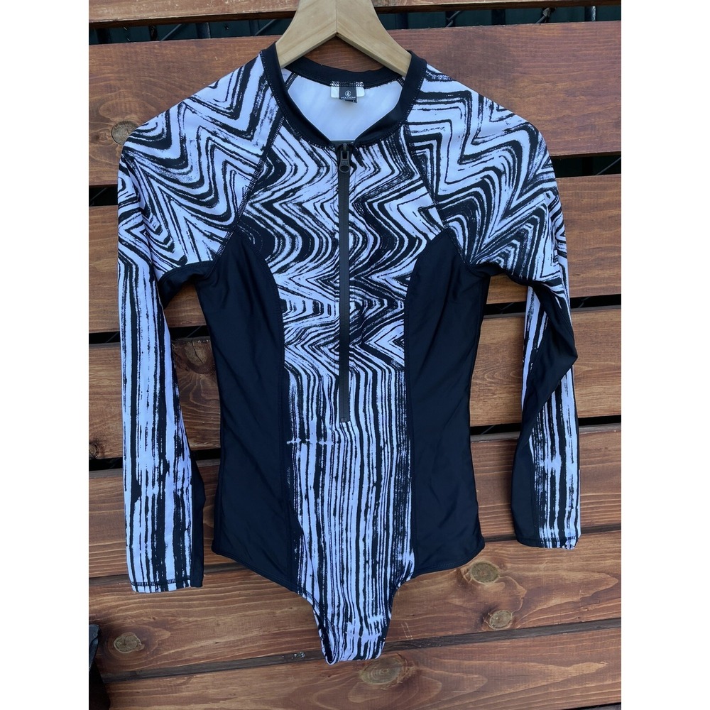 Volcom Stay Tuned BODYSUIT Long-Sleeve Swimsuit Black/White *Size Small
